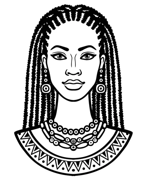 Animation portrait of the young African woman. Monochrome linear drawing. Vector illustration isolated on a white background. Print, poster, t-shirt, card. Vector Graphics
