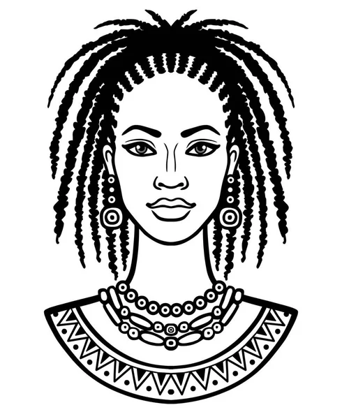 Animation portrait of the young African woman. Monochrome linear drawing. Vector illustration isolated on a white background. Print, poster, t-shirt, card. Vector Graphics