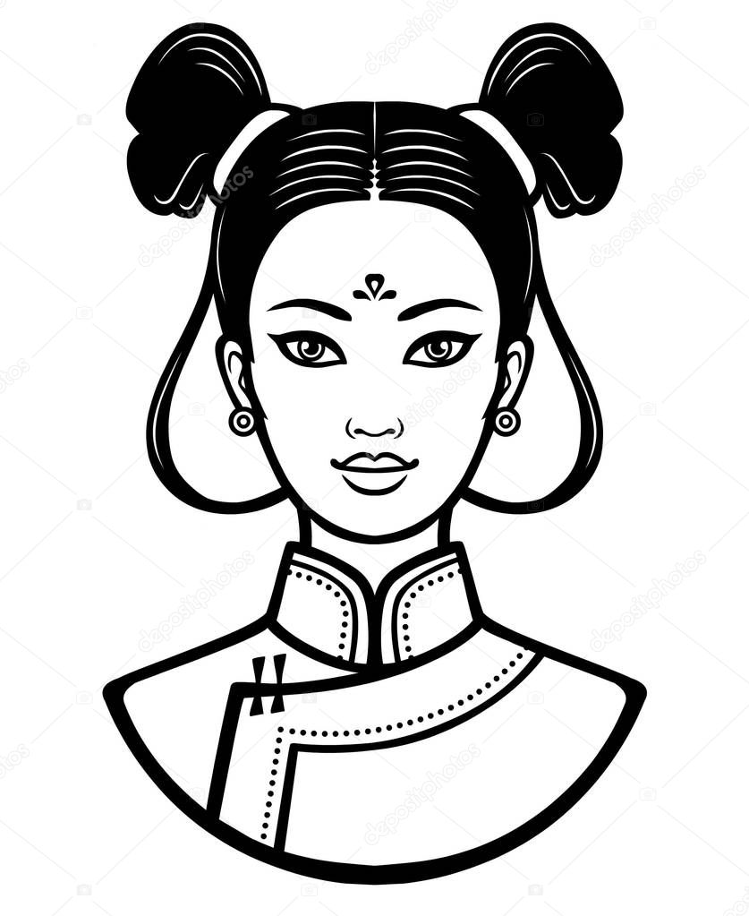 Portrait of the young Chinese girl with an ancient hairstyle. Monochrome vector illustration isolated on a white background. Print, poster, t-shirt, card. 