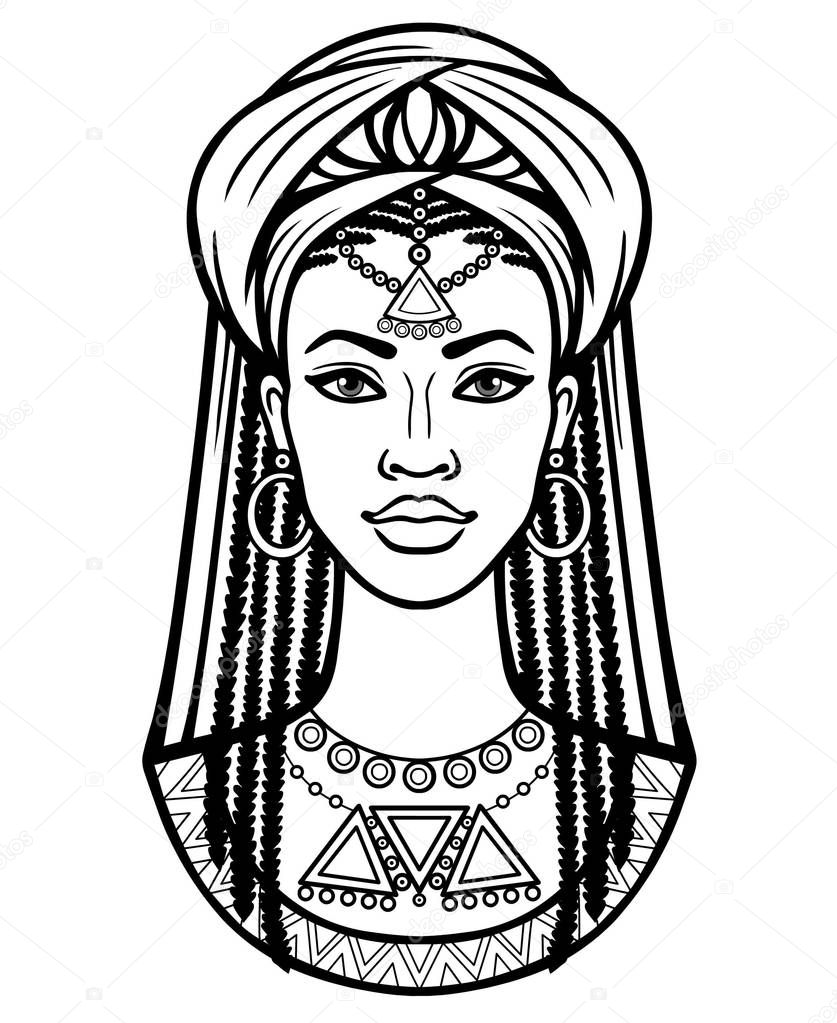 Animation portrait of the young African woman in a turban. Monochrome linear drawing. Vector illustration isolated on a white background. Print, poster, t-shirt, card. 