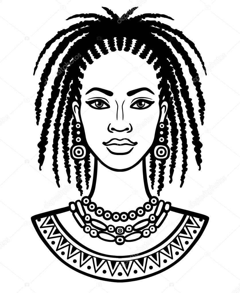 Animation portrait of the young African woman. Monochrome linear drawing. Vector illustration isolated on a white background. Print, poster, t-shirt, card. 