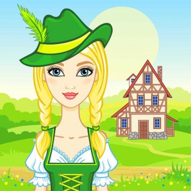 Animasyon portre genç güzel elbiseli kız bir antik Bavyera. Arka plan - bir yaz peyzaj, eski ev. Masal karakteri, kart, poster, baskı, vektör çizim.