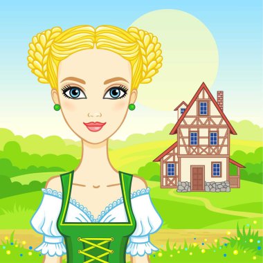 Animasyon portre genç güzel elbiseli kız bir antik Bavyera. Arka plan - bir yaz peyzaj, eski ev. Masal karakteri, kart, poster, baskı, vektör çizim.