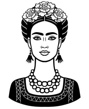 Animation portrait of the young beautiful mexican woman with a traditional hairstyle. Vector illustration isolated on a white background. Print, poster, emblem, card, t-shirt. clipart