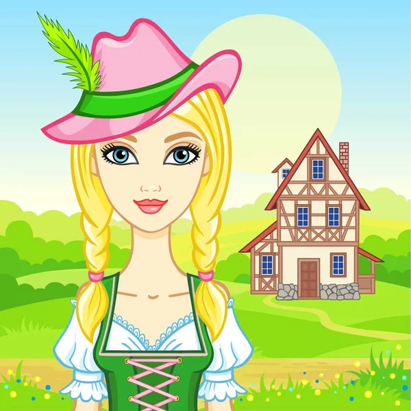 Retrato de animación joven hermosa niña en un vestido bávaro antiguo. El fondo - el paisaje veraniego, la casa vieja. Personaje de cuento de hadas, tarjeta, póster, impresión, ilustración vectorial . — Vector de stock