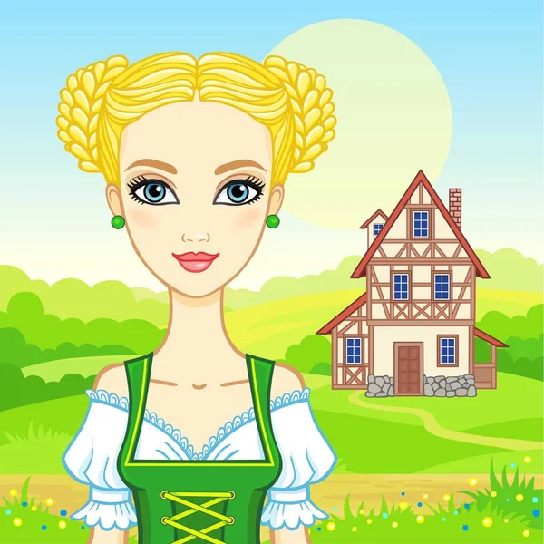 Retrato de animación joven hermosa niña en un vestido bávaro antiguo. El fondo - el paisaje veraniego, la casa vieja. Personaje de cuento de hadas, tarjeta, póster, impresión, ilustración vectorial . — Archivo Imágenes Vectoriales