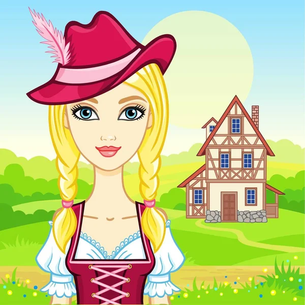 Animatie portret mooi meisje in een oude Beierse jurk. Achtergrond - een zomer landschap, het oude huis. Sprookje karakter, kaart, poster, afdrukken, vectorillustratie. — Stockvector