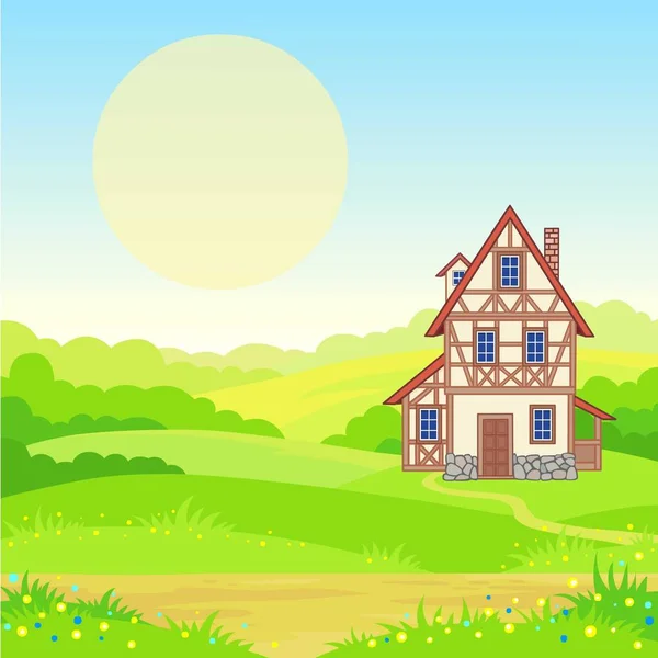 Animation bakgrund - det gamla huset, de blommande ängarna. Platsen för texten. Vektorillustration. — Stock vektor