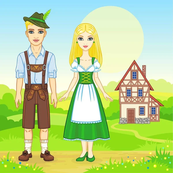 Animation portrait of the Bavarian family in ancient traditional clothes. Background - a summer landscape, the old house. Fairy tale character, card, poster, print, vector illustration. — Stock Vector