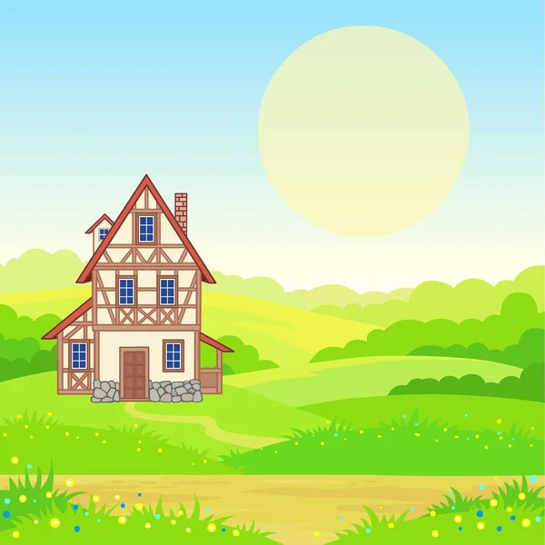 Animasyon arka plan - eski ev, çiçek açması çayırlar. Metin için yer. Vektör çizim.