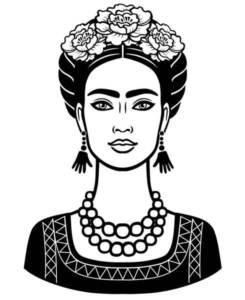 Retrato de animación de la joven hermosa mexicana con un peinado tradicional. Ilustración vectorial aislada sobre fondo blanco. Imprimir, póster, emblema, tarjeta, camiseta . — Archivo Imágenes Vectoriales