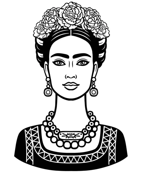 Animation porträtt av den unga vackra mexikanska kvinnan med en traditionell frisyr. Vektorillustration isolerade på en vit bakgrund. Affisch, kort, emblem, Print, t-shirt. — Stock vektor