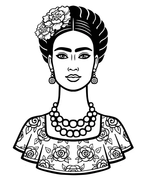 Animasyon geleneksel bir saç modeli ile genç güzel Meksikalı kadın portresi. Beyaz bir arka plan üzerinde izole vektör çizim. Baskı, afiş, amblem, kart, t-shirt.