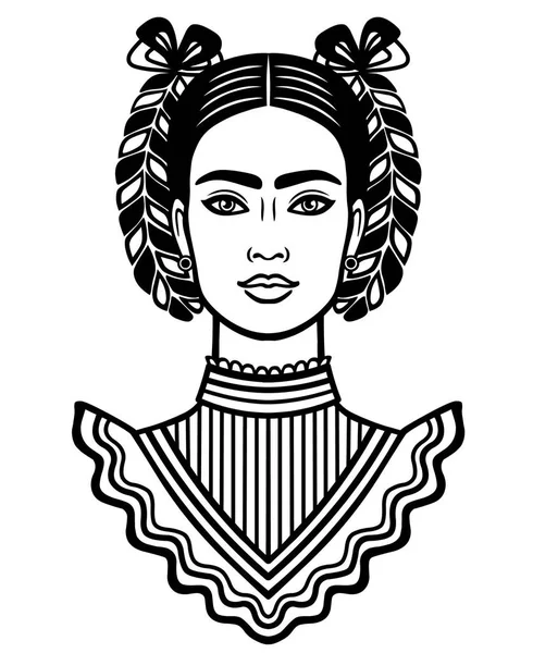 Potret animasi dari wanita muda Meksiko yang cantik dengan gaya rambut tradisional. Ilustrasi vektor diisolasi pada latar belakang putih. Cetak, poster, lambang, kartu, t-shirt . - Stok Vektor