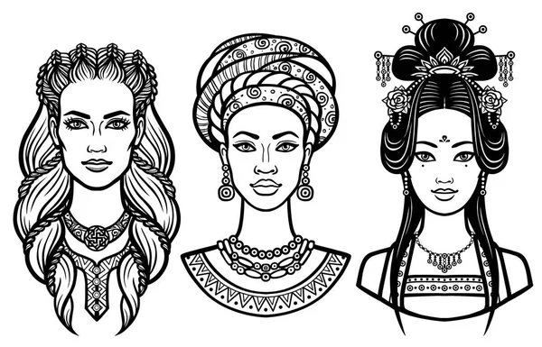 Набор портретов молодых красивых женщин разных стран. Векторная иллюстрация изолирована на белом фоне. Печать, плакат, эмблема, открытка, футболка . — стоковый вектор