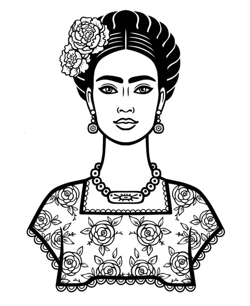 Potret animasi dari wanita muda Meksiko yang cantik dengan gaya rambut tradisional. Ilustrasi vektor diisolasi pada latar belakang putih. Cetak, poster, lambang, kartu, t-shirt . - Stok Vektor