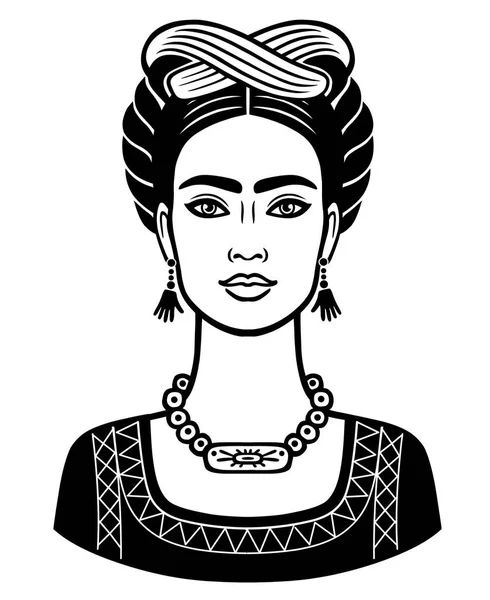 Retrato de animación de la joven hermosa mexicana con un peinado tradicional. Ilustración vectorial aislada sobre fondo blanco. Imprimir, póster, emblema, tarjeta, camiseta . — Archivo Imágenes Vectoriales