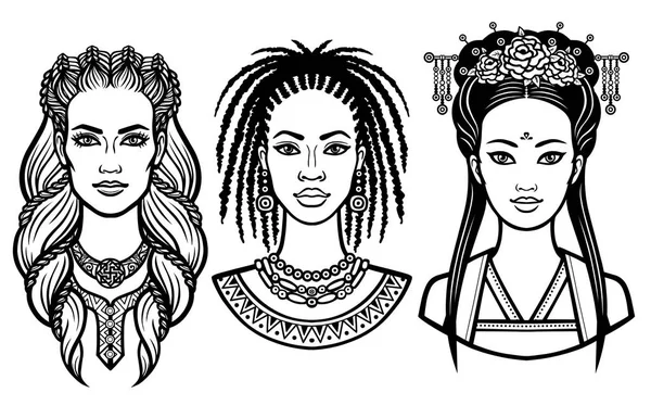 Set of portraits of young beautiful women of the different countries. Vector illustration isolated on a white background. Print, poster, emblem, card, t-shirt. Royalty Free Stock Illustrations