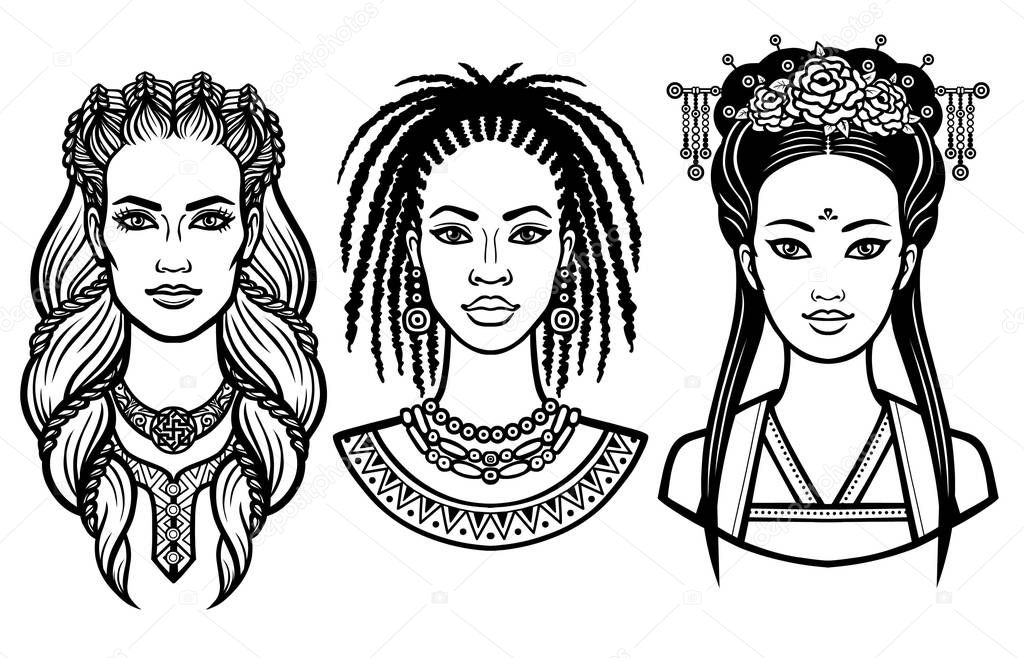 Set of portraits of young beautiful women of the different countries. Vector illustration isolated on a white background. Print, poster, emblem, card, t-shirt.