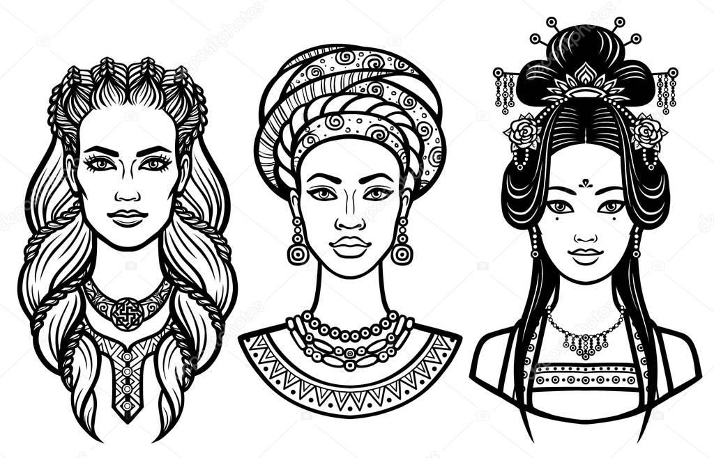 Set of portraits of young beautiful women of the different countries. Vector illustration isolated on a white background. Print, poster, emblem, card, t-shirt.