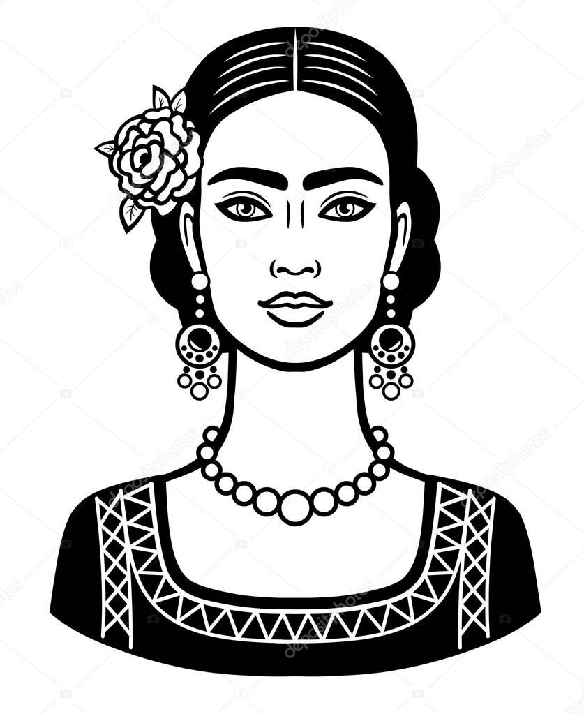 Animation portrait of the young beautiful mexican woman with a traditional hairstyle. Vector illustration isolated on a white background. Print, poster, emblem, card, t-shirt.