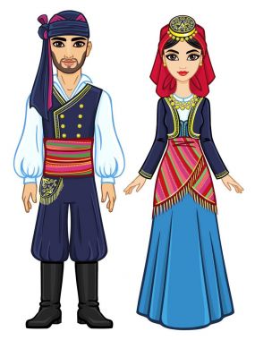 Animasyon antik Yunan giysili bir aile portresi. Tam büyüme. Beyaz bir arka plan üzerinde izole vektör çizim.