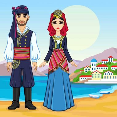 Animasyon antik Yunan giysili bir aile portresi. Tam büyüme. Arka plan - bir deniz manzarası, dağlar, eski şehir bağlantı noktası. Vektör çizim.