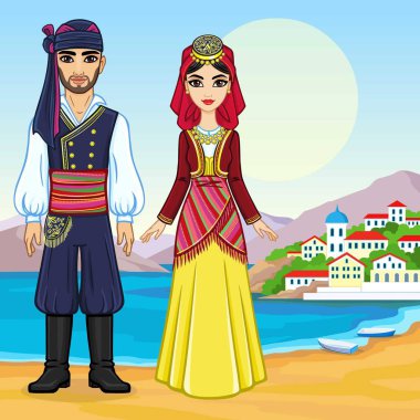 Animasyon antik Yunan giysili bir aile portresi. Tam büyüme. Arka plan - bir deniz manzarası, dağlar, eski şehir bağlantı noktası. Vektör çizim.