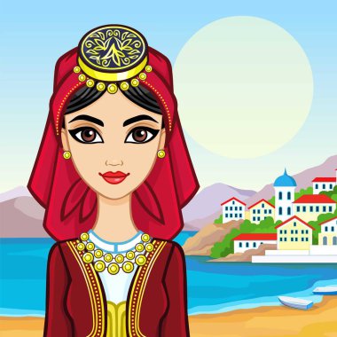 Animasyon Yunan elbiseli güzel genç kız portresi. Arka plan - bir deniz manzarası, dağlar, eski şehir bağlantı noktası. Vektör çizim.