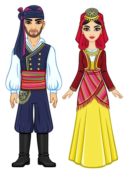 Animasyon antik Yunan giysili bir aile portresi. Tam büyüme. Beyaz bir arka plan üzerinde izole vektör çizim.