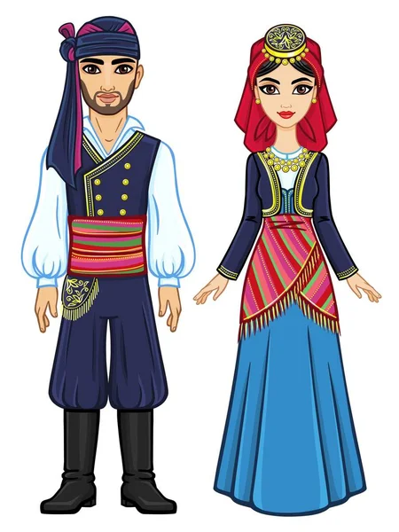 Animasyon antik Yunan giysili bir aile portresi. Tam büyüme. Beyaz bir arka plan üzerinde izole vektör çizim.