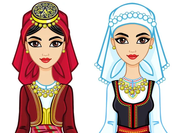 Animasyon eski takım elbiseli iki genç Yunan kız portresi. Beyaz bir arka plan üzerinde izole vektör çizim.