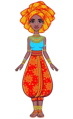 Animasyon çekici Afrikalı kız portresi. Parlak etnik kıyafetler. Tam büyüme. Beyaz bir arka plan üzerinde izole vektör çizim.