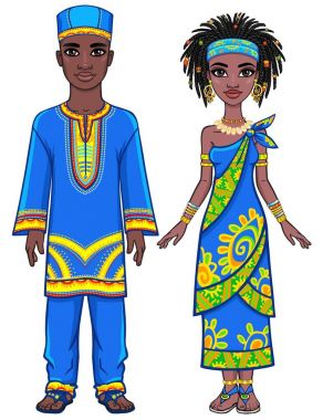 Animasyon parlak etnik giysiler içinde Afrika aile portresi. Tam büyüme. Beyaz bir arka plan üzerinde izole vektör çizim.