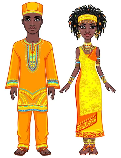 アニメーションの明るい民族衣装アフリカの家族の肖像画。完全な成長。白い背景で隔離のベクトル図. — ストックベクタ