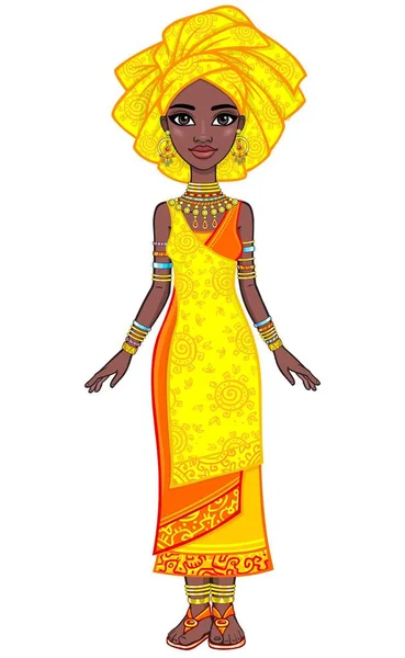 Retrato de animación de la atractiva chica africana. Ropa étnica brillante. Crecimiento total. La ilustración vectorial aislada sobre un fondo blanco . — Vector de stock