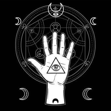 Human hand holds a sacred pyramid of knowledge, an all-seeing eye. Symbols of the moon, alchemical circle of transformations. Vector illustration isolated on a black background. clipart