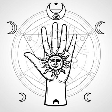 Human hand holds a medieval symbol of the sun. Signs of the moon,  alchemical circle of transformations. Vector illustration isolated on a gray background.