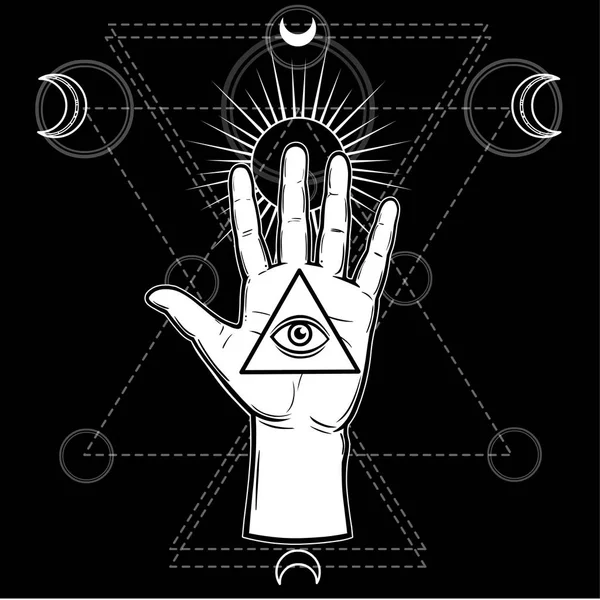İnsan eli kutsal bir piramit bilgi, bir all-gören göz tutar. Mistik geometri, ay ve güneş belirtileri. Vektör illüstrasyon izole bir siyah arka plan üzerine.