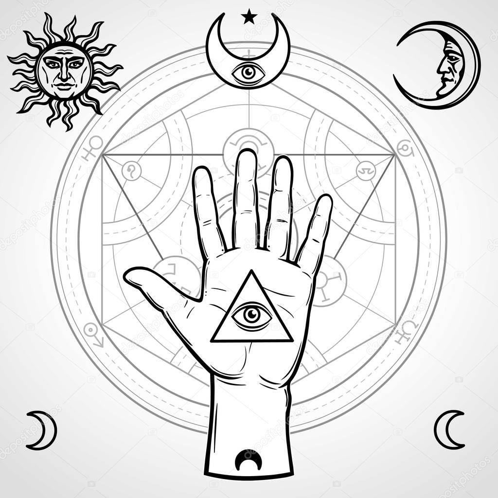 Human hand holds a sacred pyramid of knowledge, an all-seeing eye. Symbols of the moon and sun, alchemical circle of transformations. Vector illustration isolated on a gray background.