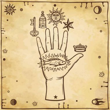 İnsan eli mistik işaretler. Ezoterik, din, Tasavvuf, büyü. Arka plan - eski kağıt imitasyon. Vektör çizim.
