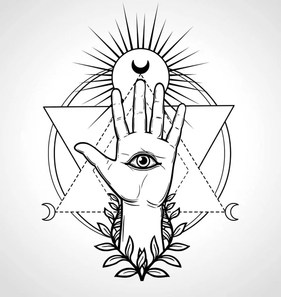 Mystisk symbol: mänsklig hand, Eye of Providence, sakral geometri. Esoteric, religion, ockultism. — Stock vektor