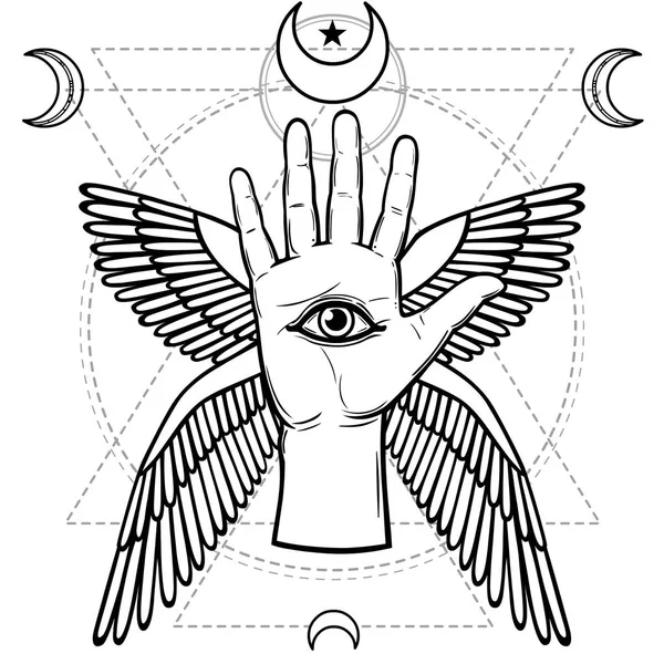 Mystisk symbol: mänsklig hand, Eye of Providence, sakral geometri. Esoteric, religion, ockultism. Vektorillustration isolerade på en vit bakgrund. Print, affisch, t-shirt, kort. — Stock vektor