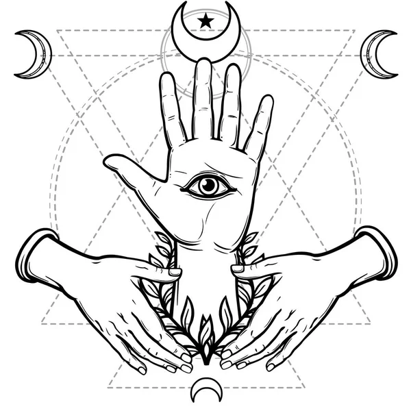 Mistik sembol: insan eli, gözü Providence, kutsal geometri. Ezoterik, din, büyü. Beyaz bir arka plan üzerinde izole vektör çizim. Baskı, poster, tişört, kart.