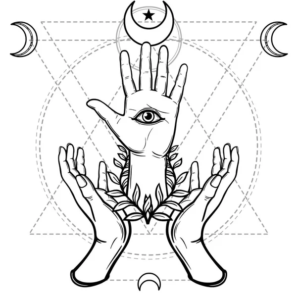 Mystisk symbol: mänsklig hand, Eye of Providence, sakral geometri. Esoteric, religion, ockultism. Vektorillustration isolerade på en vit bakgrund. Print, affisch, t-shirt, kort. — Stock vektor