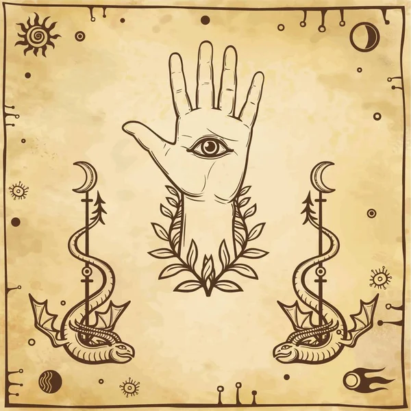 Mão humana, dragões tentadores, Olho da Providência. Esotérico, Religião, ocultismo. Fundo - imitação de papel velho. Ilustração vetorial . — Vetor de Stock