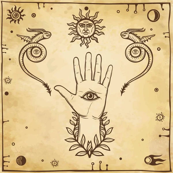 Mänsklig hand, drakar tempters, Eye of Providence. Esoteric, Religion, ockultism. Bakgrund - imitation av gamla papper. Vektorillustration. — Stock vektor