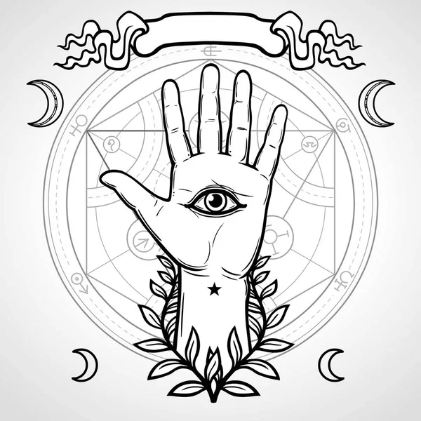 Mystisk symbol: mänsklig hand, Eye of Providence, sakral geometri. Alkemiska cirkel av transformationer. Vektorillustration isolerade på en grå bakgrund. Print, affisch, t-shirt, kort. — Stock vektor