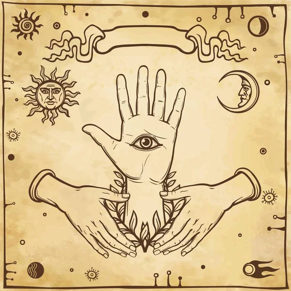 Mänsklig hand, mystiska symboler. Det allseende ögat. Esoteric, Religion, ockultism. Bakgrund - imitation av gamla papper. Vektorillustration. — Stock vektor