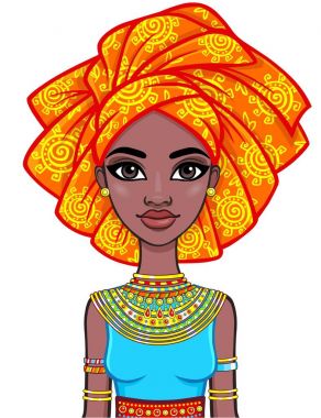 Animasyon bir Türban çekici Afrikalı kız portresi. Parlak etnik kıyafetler. Beyaz bir arka plan üzerinde izole vektör çizim.
